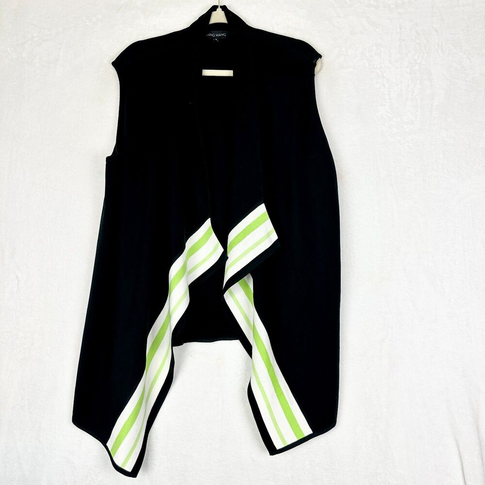 Ming Wang Open Front Waterfall Vest Cardigan Size XL Black Lime Green White